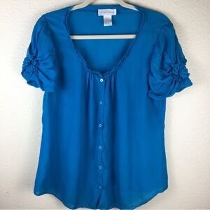 Soft Surroundings 100% Silk Button Front Short Sleeve Sheer Teal Top Size M
